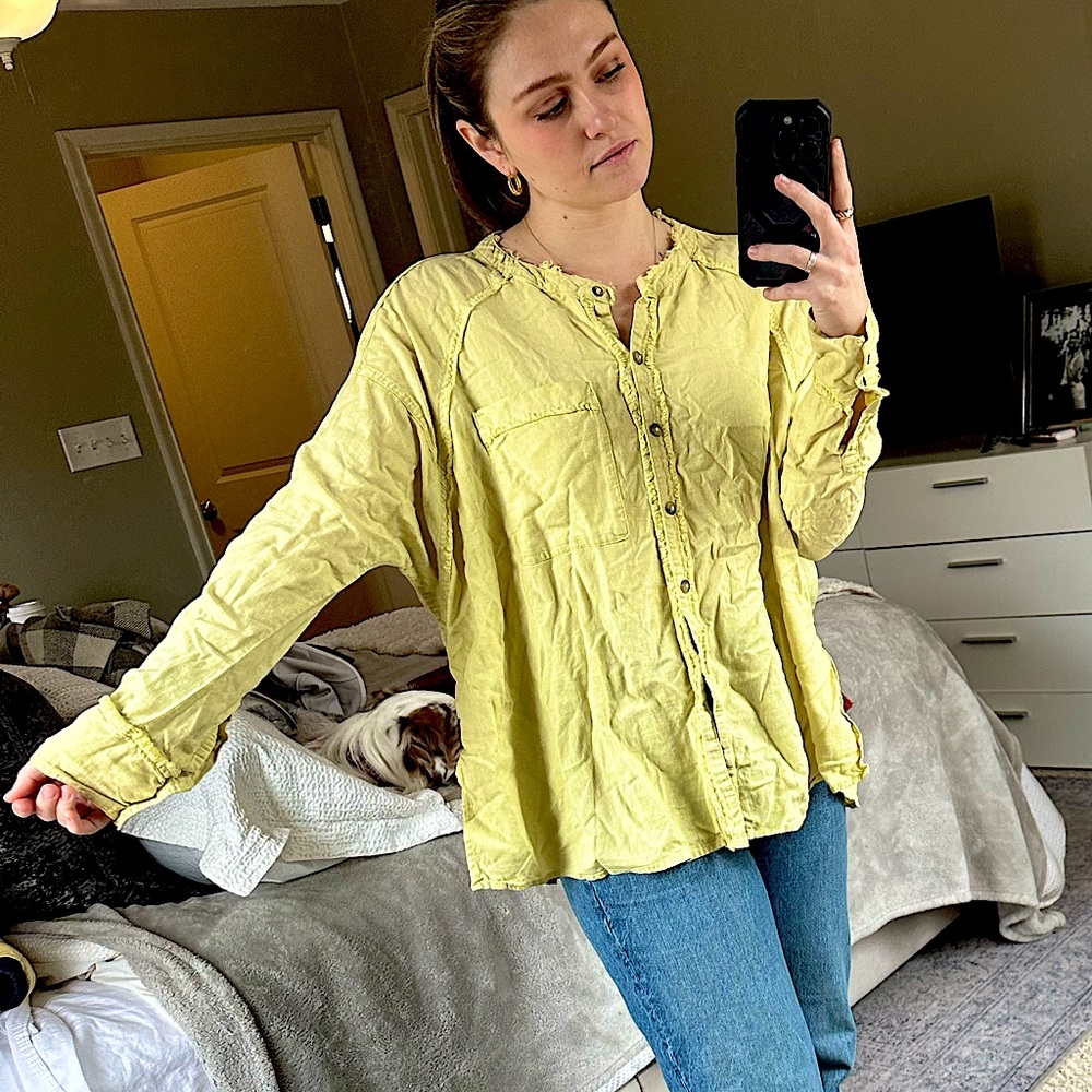 Yellow free people button up with fringe on the seams